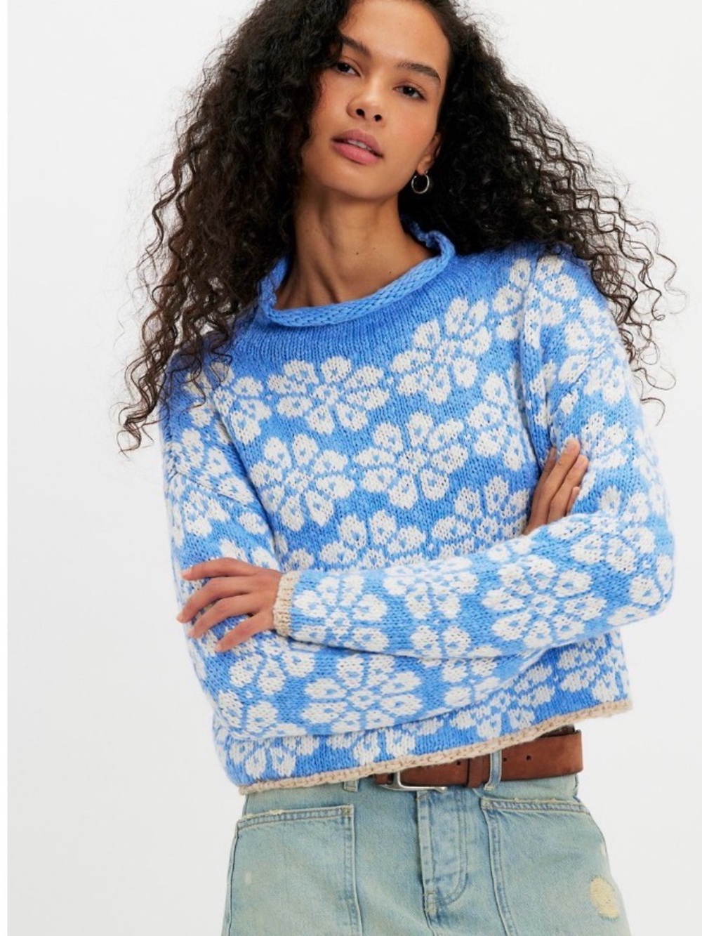 Free People Opal Rollneck Blue and White Floral Crewneck Sweater